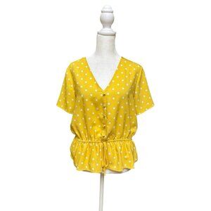 LOFT Yellow Polka Dot Peplum Top Small V Neck Cinch Waist